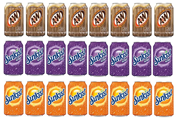 Variety Soda pack , pack of 24, 12 fl oz, A&W ROOT BEER, SUNKIST ORANGE SODA, SUNKIST GRAPE SODA