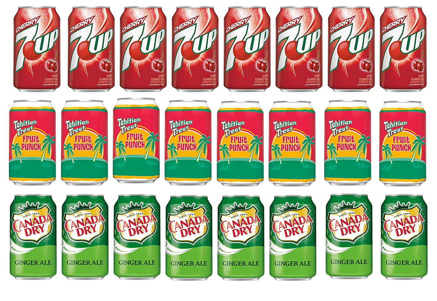Variety Soda Pack, Pack of 24, 12 fl oz, 7UP Cherry, Tahitian Treat Fruit Punch Soda, Canada Dry Ginger Ale