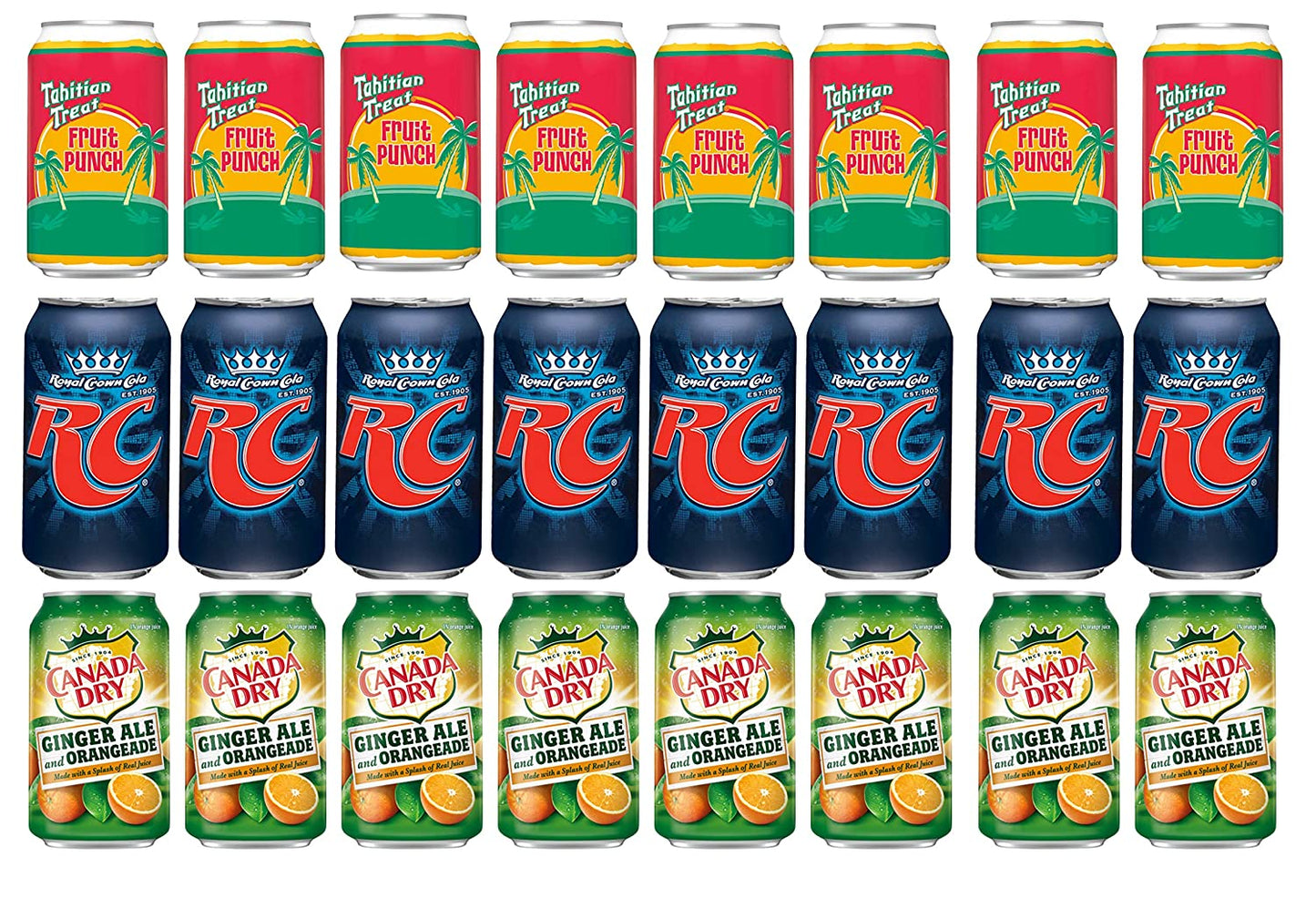 Variety Soda pack, pack of 24, 12 fl oz, TAHITIAN TREAT FRUIT PUNCH SODA, CANADA DRY GINGER ALE AND ORANGEADE, RC COLA